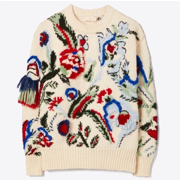 Tory Burch Hand Knit Intarsia Embroidered Runway sweater Large - Picture 4 of 10